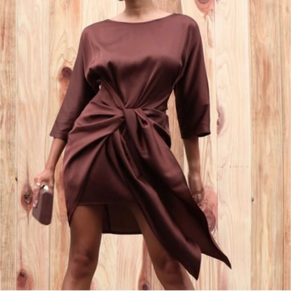 Baltic Born x Dress Day Brown Satin Knot‑Front Mini Dress – Size M (NWT)